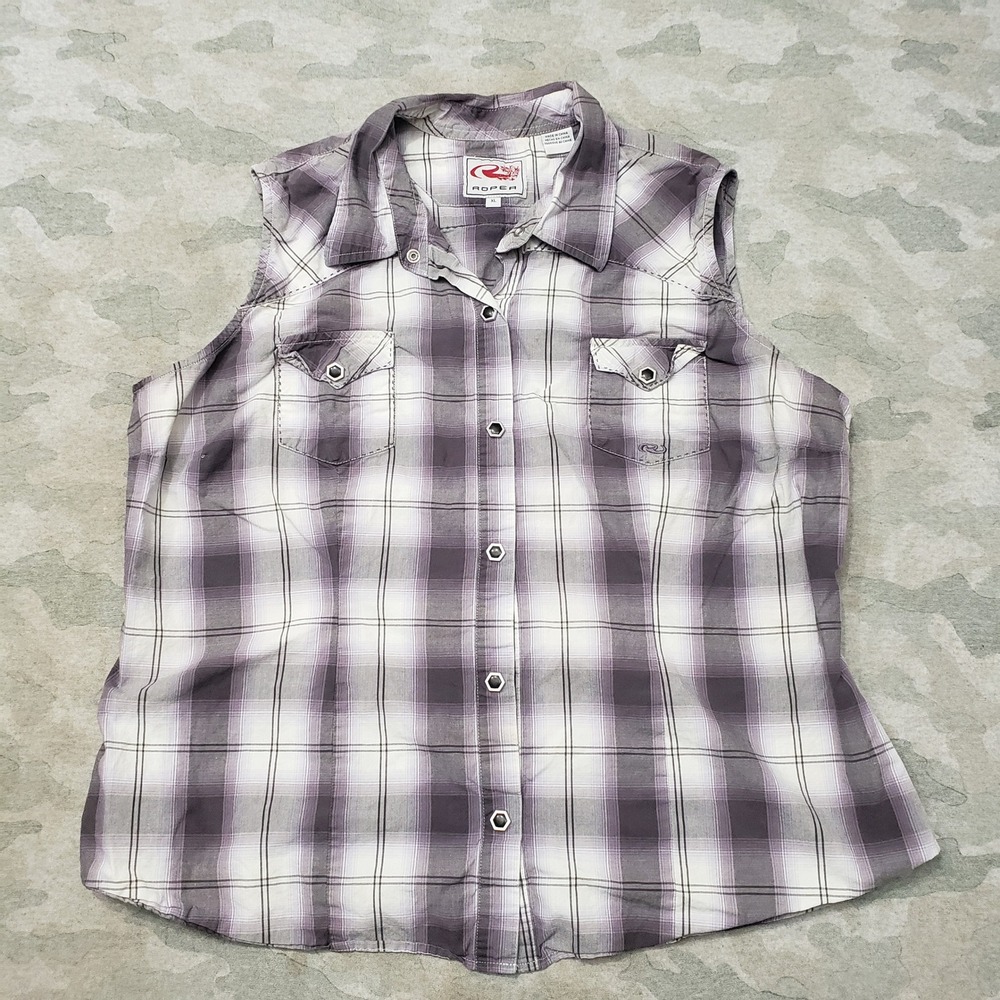 Roper Western Top Womens XL Purple Plaid Snap Cowgirl Sleeveless Rodeo Ranch